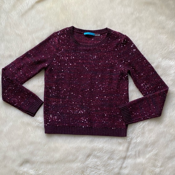 Alice + Olivia Macy Sequined Stripe Knit Sweater, Size L Plum Wine - Picture 8 of 10